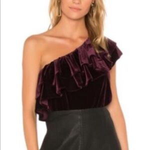 NWT MISA Los Angeles One Shoulder Ruffle Velvet Plum Top